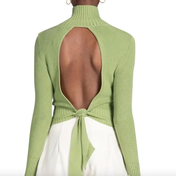 Chic High Neck Cold Shoulder Long Sleeve Openback Cropped Knit Top
