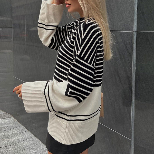 Chic High Neck Drop Shoulder Black And Apricot Striped Sweater