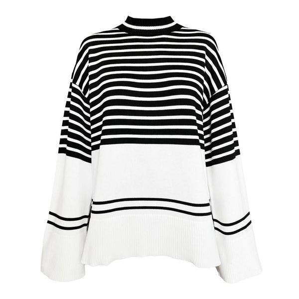 Chic High Neck Drop Shoulder Black And Beige Striped Sweater
