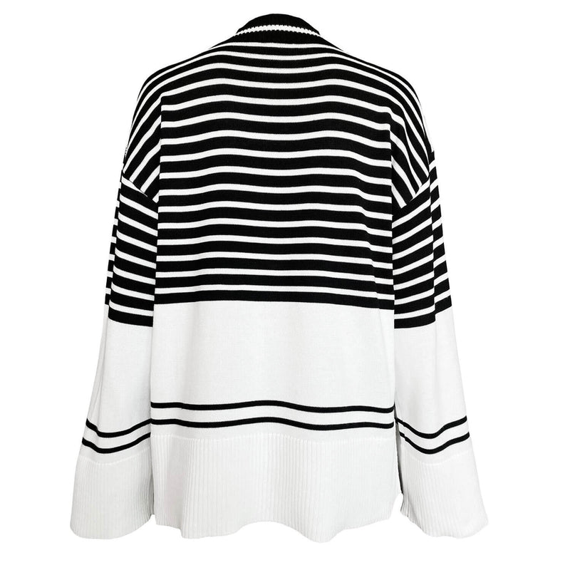 Chic High Neck Drop Shoulder Black And Beige Striped Sweater