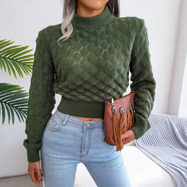 Chic High Neck Pointelle Crochet Knit Cropped Sweater