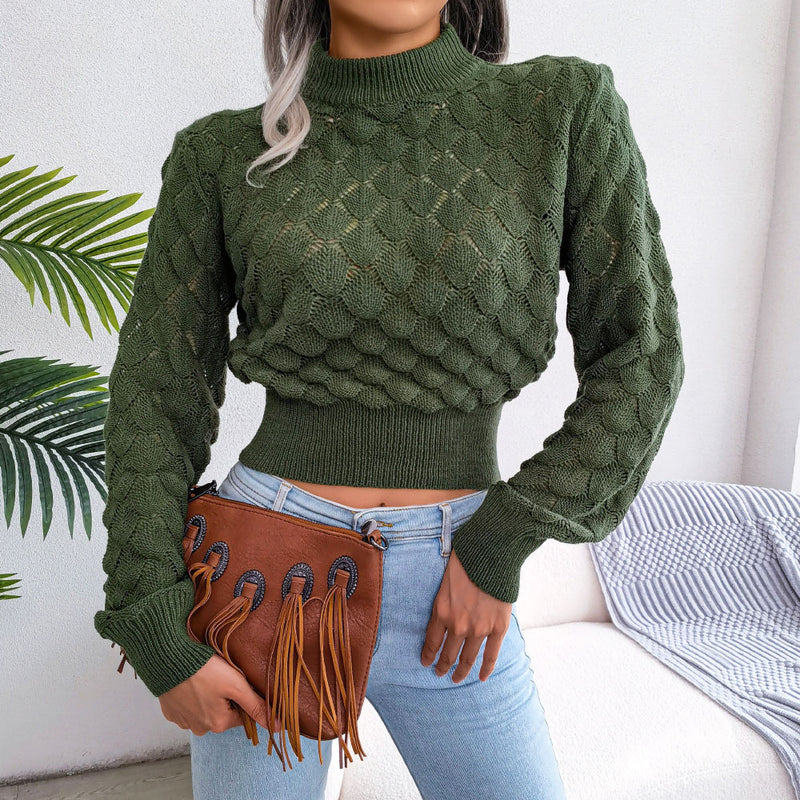 Chic High Neck Pointelle Crochet Knit Cropped Sweater