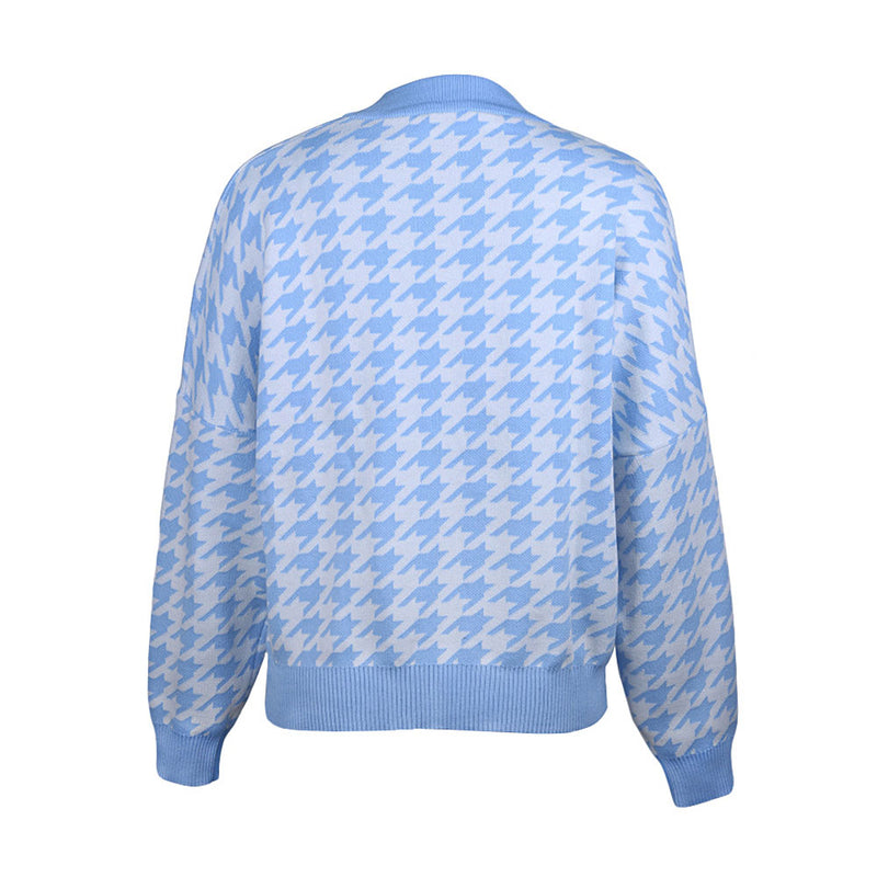 Chic Baby Blue Oversized Crewneck Houndstooth Jacquard Knit Sweater
