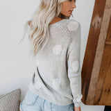 Chic Polka Dot Print Crew Neck Raglan Sleeve Grey Pullover Sweater