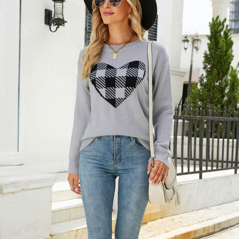 Chic Round Neck Long Sleeve Plaid Heart Jacquard Knit Sweater