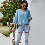 Chic V Neck 3/4 Balloon Sleeve Button Down Cropped Cardigan