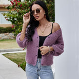 Chic V Neck 3/4 Balloon Sleeve Button Down Cropped Cardigan