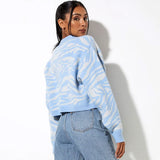 Chic Blue Zebra Print V Neck Drop Shoulder Long Sleeve Cropped Knit Cardigan