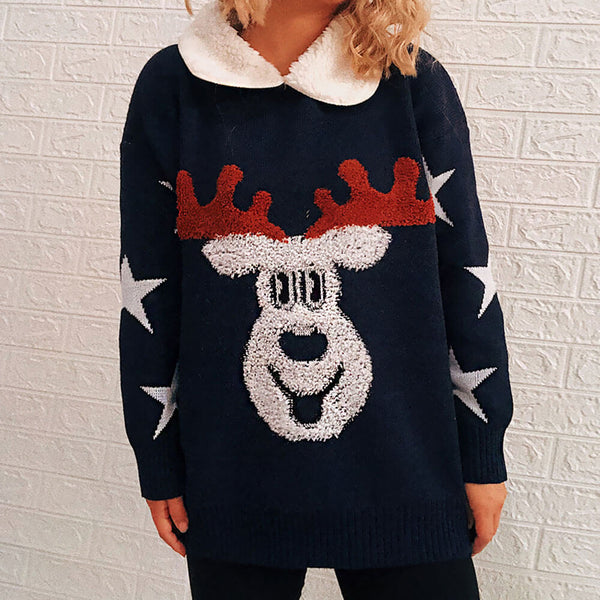 Christmas Fluffy Reindeer and Star Collared Pullover Sweater