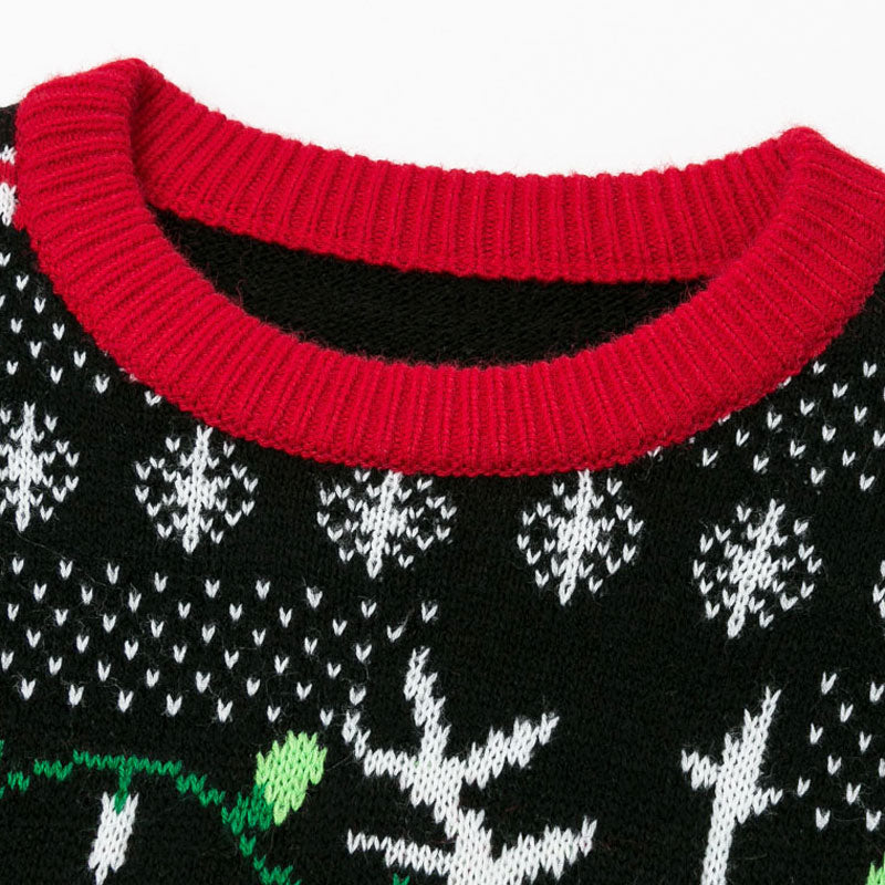 Christmas Nordic Fair Isle Dinosaur Pattern Crew Neck Red Pullover Sweater
