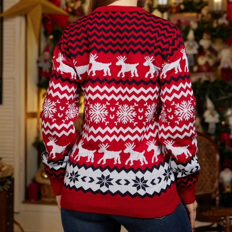 Christmas Reindeer Pattern Fair Isle Crew Neck Holiday Sweater