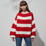 Chunky Hand Knit Stripe Boat Neck Puff Sleeve Red and White Striped Sweater