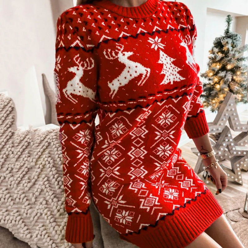 Classic Red Christmas Motif Fair Isle Crew Neck Pullover Mini Sweater Dress