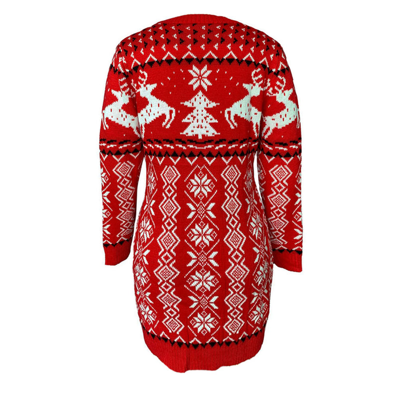 Classic Red Christmas Motif Fair Isle Crew Neck Pullover Mini Sweater Dress