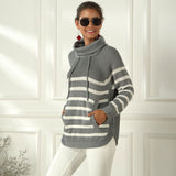 Classic Funnel Turtleneck Drawstring Pullover Striped Sweater