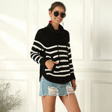 Classic Funnel Turtleneck Drawstring Pullover Striped Sweater