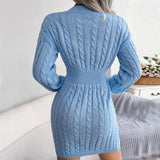 Classic V Neck Fisherman Cable Knit Mini Pullover Sweater Dress