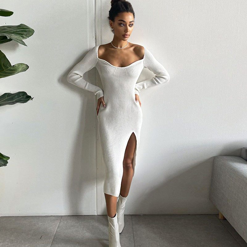 Classy Sweetheart Long Sleeve Bodycon Slit Rib Knit Midi Sweater Dress