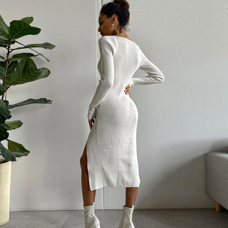 Classy Sweetheart Long Sleeve Bodycon Slit Rib Knit Midi Sweater Dress