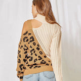 Color Block Asymmetric Cutout Shoulder Leopard Print Cable Knit Sweater