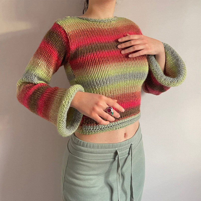 Colorful Crew Neck Bell Sleeve Roll Trim Space Dye Knit Cropped Sweater