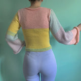 Color Block Crew Neck Bell Sleeve Roll Trim Cropped Knit Sweater
