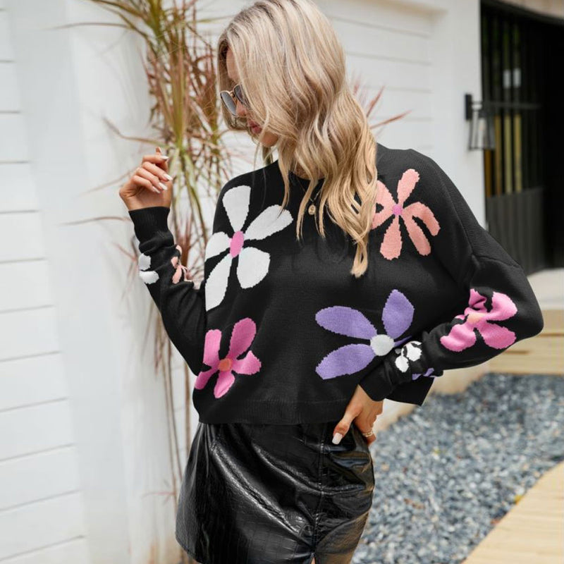 Colorful Daisy Floral Print Crew Neck Oversized Pullover Sweater
