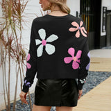 Colorful Daisy Floral Print Crew Neck Oversized Pullover Sweater