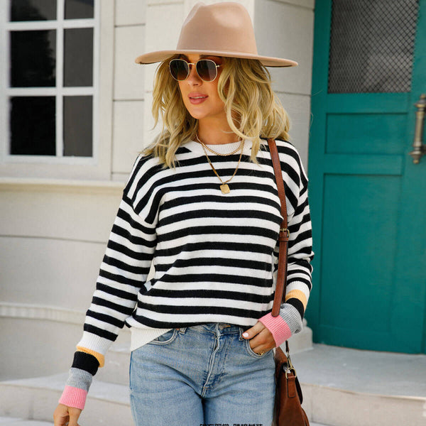 Colorful Drop Shoulder Pullover Black And White Striped Sweater