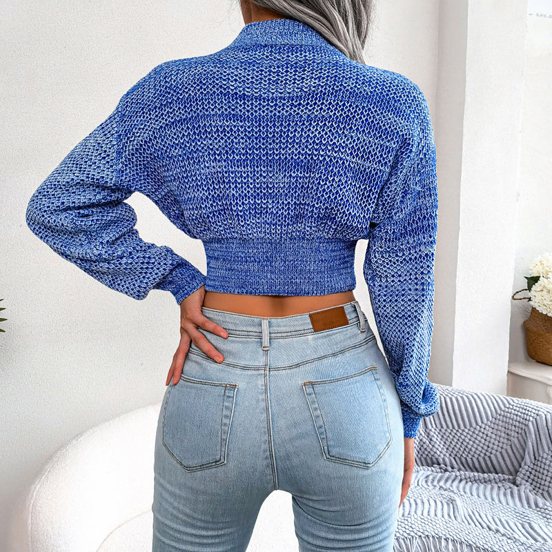 Colorful Marled Knit High Neck Long Sleeve Cropped Sweater