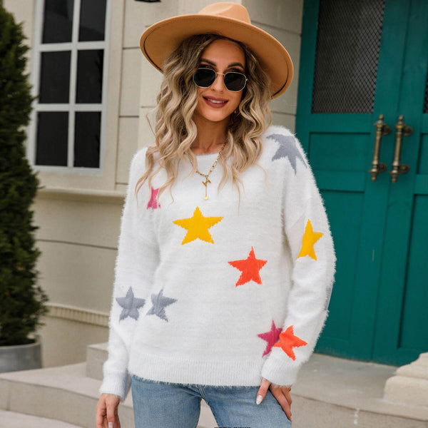 Colorful Star Jacquard Crew Neck Pullover Eyelash Knit Sweater