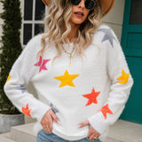 Colorful Star Jacquard Crew Neck Pullover Eyelash Knit Sweater