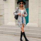 Colorful Star Jacquard Long Sleeve Open Front Knit Cardigan