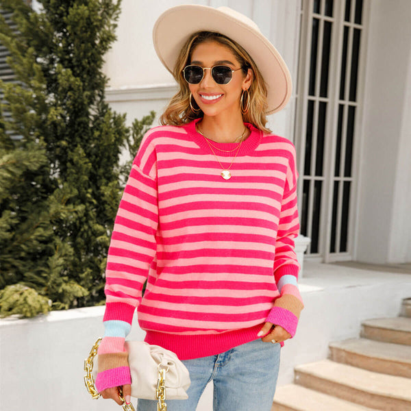 Colorful Striped Pattern Rose Drop Shoulder Pullover Knit Sweater