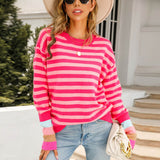 Colorful Striped Pattern Rose Drop Shoulder Pullover Knit Sweater