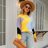 Comfy Color Panel Crew Neck Patchwork Pullover Knit Sweater