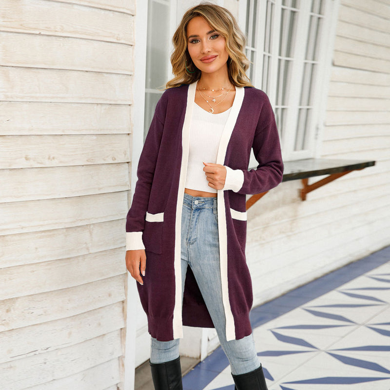 Comfy Contrast Trim Open Front Longline Knit Cardigan