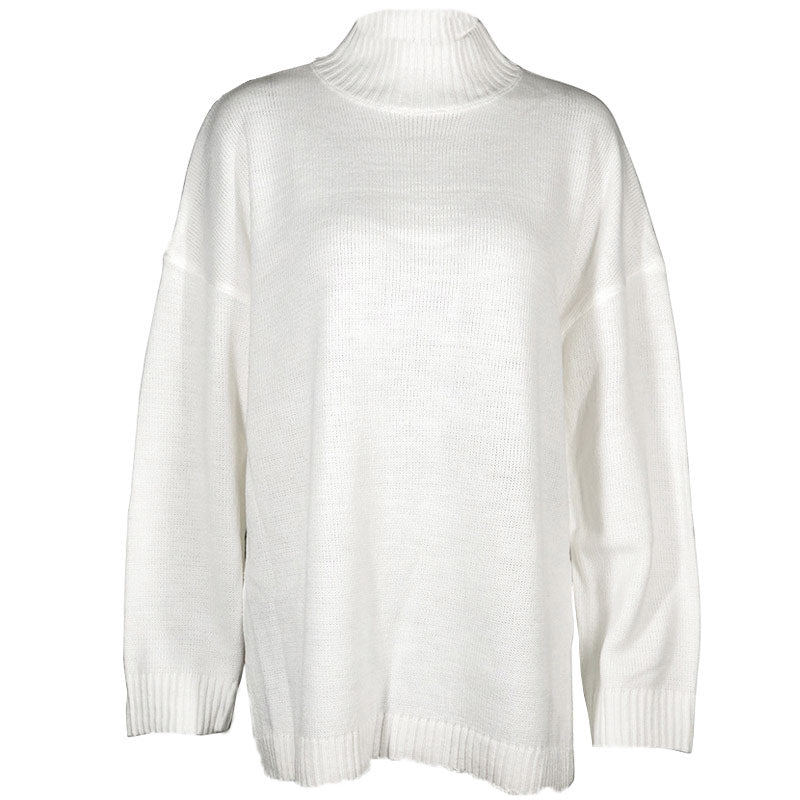Comfy White High Neck Drop Shoulder Split Side Oversized Knit Sweater