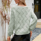 Comfy V Neck Pullover Bishop Sleeve Textured Open Knit Sweater