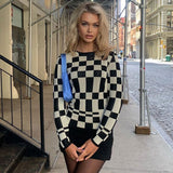Contrast Checkered Print Crew Neck Long Sleeve Fitted Knit Top