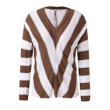 Contrast Brown Chevron Striped Print Drop Shoulder Openwork Knit Sweater
