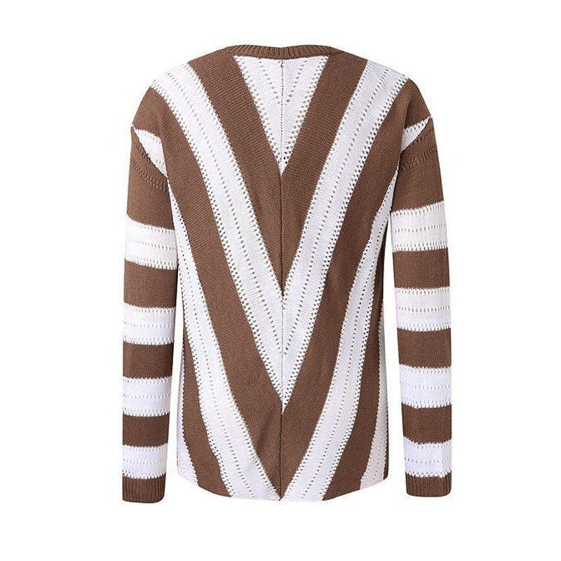 Contrast Brown Chevron Striped Print Drop Shoulder Openwork Knit Sweater