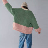 Contrast Green Color Block Open Front Chunky Yarn Hand Knit Cardigan