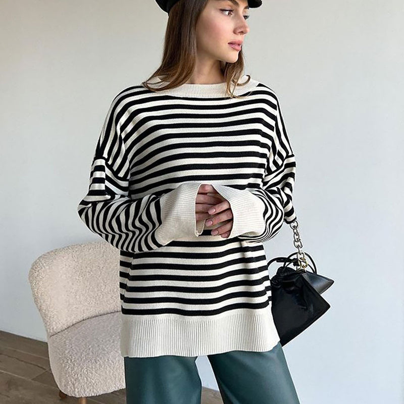 Contrast Crew Neck Oversized Pullover Black And White Sweater