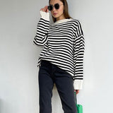 Contrast Crew Neck Oversized Pullover Black And White Sweater