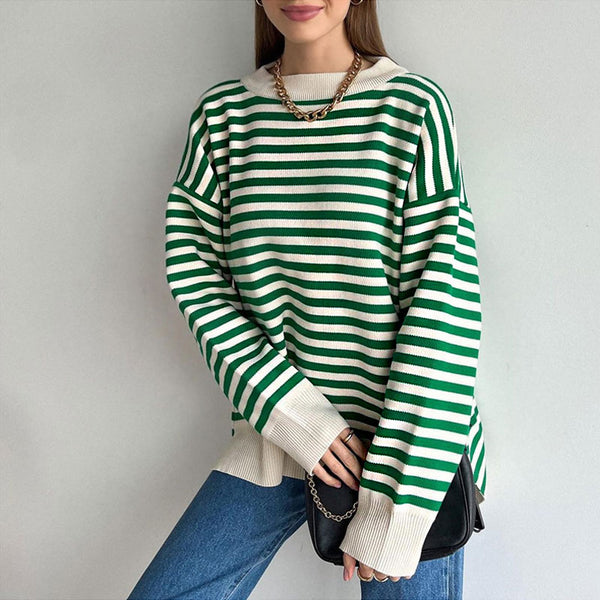 Contrast Crew Neck Oversized Pullover Green And White Sweater