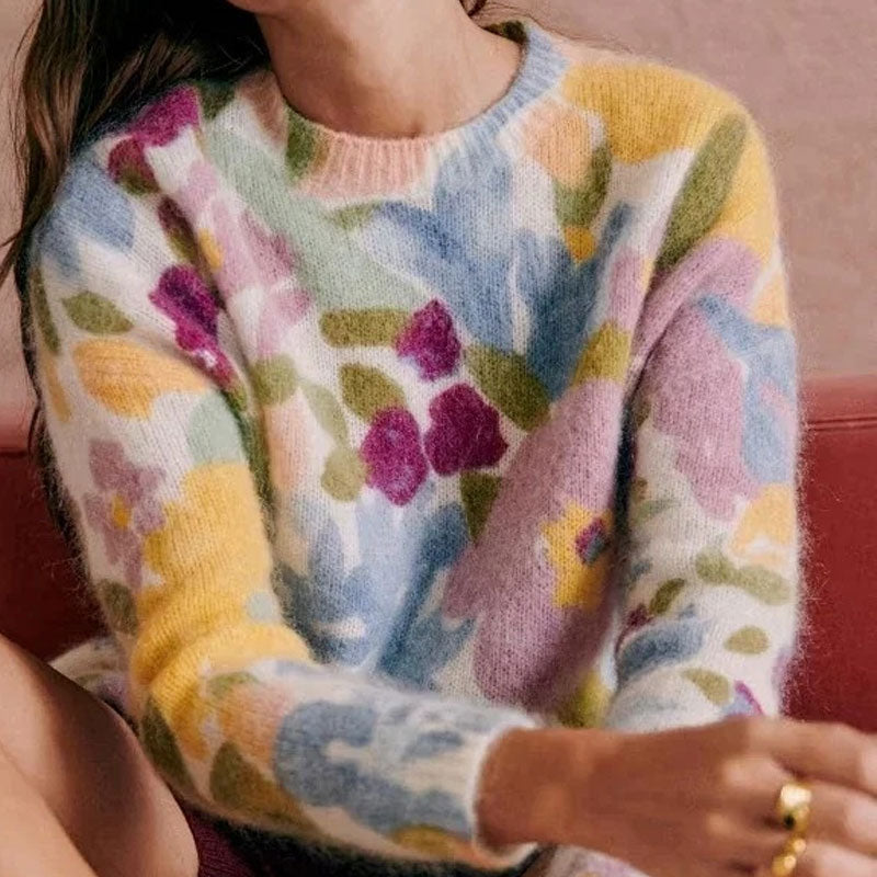 Contrast Multicolor Floral Print Crew Neck Drop Shoulder Wool Blend Sweater