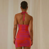 Contrast Geometric Print Halter Neck Open Back Bodycon Mini Knit Dress