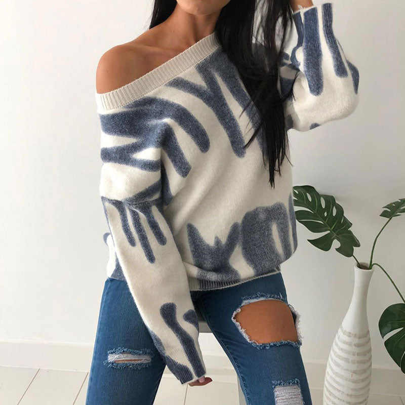 Graphic Pattern Long Sleeve Contrast Oversized Knit Sweater