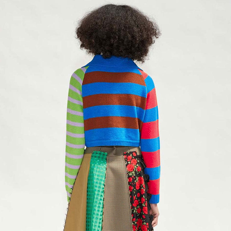 Contrast Rainbow Striped Print Folded Collar Cropped Knit Cardigan